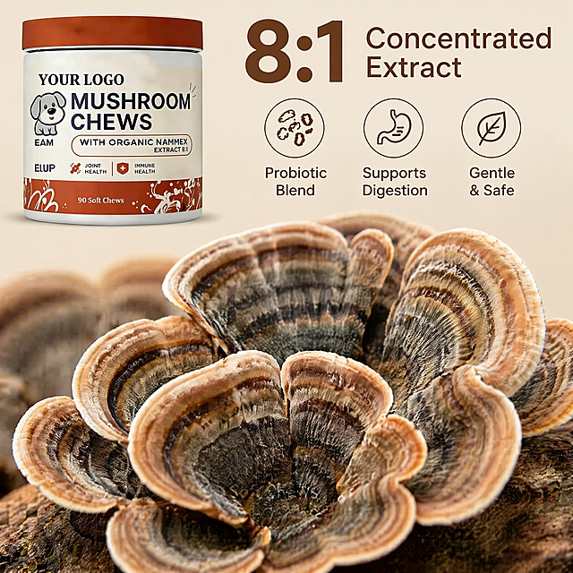 [主图-4] Close-up detail picture of ingredients. Main visual is a macro close-up of natural Turkey Tail mushroom with layered texture, clear and rich texture. In the upper left corner, there is a small window showing complete product jar, keep original product appearance. Background is low-saturation light beige. Large title on the upper right "8:1 Concentrated Extract", three small labels below "Probiotic Blend", "Supports Digestion", "Gentle & Safe". All text is clear and readable. 1:1 square, 2K resolution. Negative prompt: deformation, watermark, text confusion, blurred product image, messy background