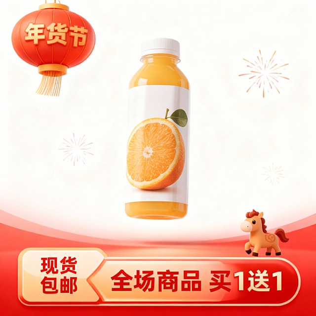 3D轻拟物风格，塑料质感橙汁瓶悬浮于红白渐变背景，搭配年货节灯笼与烟花，营造喜庆促销氛围，底部醒目标注“买1送1”优惠信息。