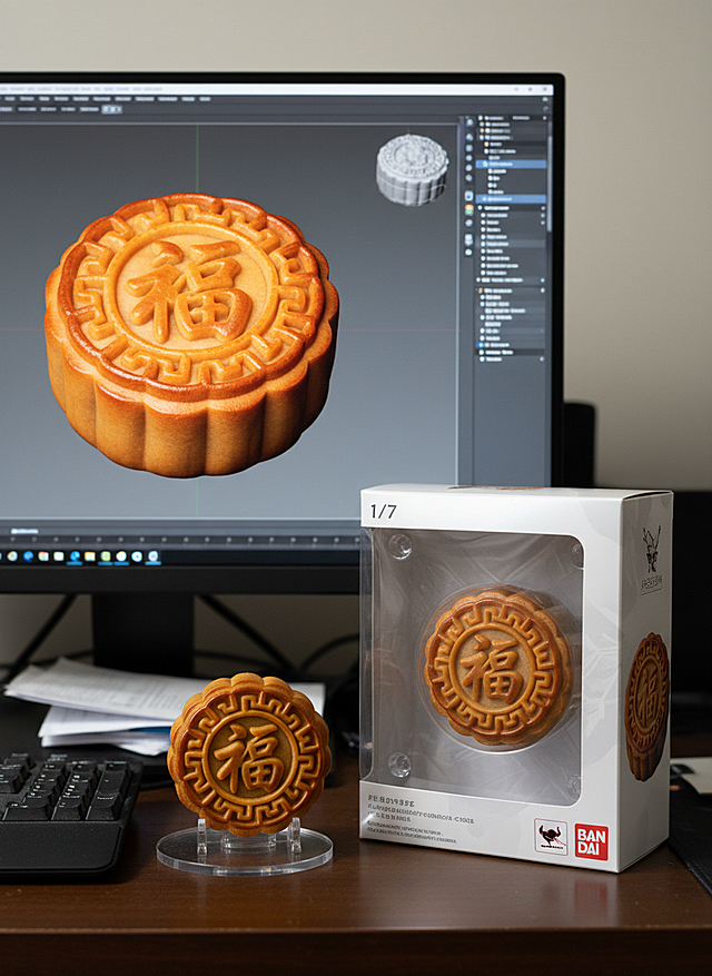 将这个图片制作成一个商业化1/7比例手办，聚乙烯塑料和透明混合材质，风格写实，环境逼真。手办放置在电脑桌上，配有一个圆形透明亚克力底座，底座上没有文字。电脑屏幕上显示着手办的Zbrush建模过程。电脑屏幕旁边是一个万代风格的精美高档塑料泡罩玩具包装盒，里面装有同比例的原始手办，包装上面印有原始画作。