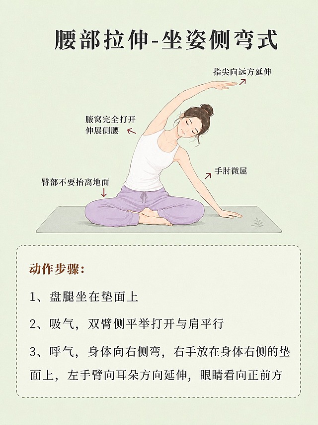 将背景改为淡绿色，人物服装统一为白色运动背心+浅紫色瑜伽裤，人物发型脸型与第一张图一致（丸子头、同款女性形象），保留原图所有文字内容、标注箭头、动作步骤文字和排版布局，瑜伽垫颜色调整为浅灰绿色，整体风格为清新手绘插画风格，画面干净整洁