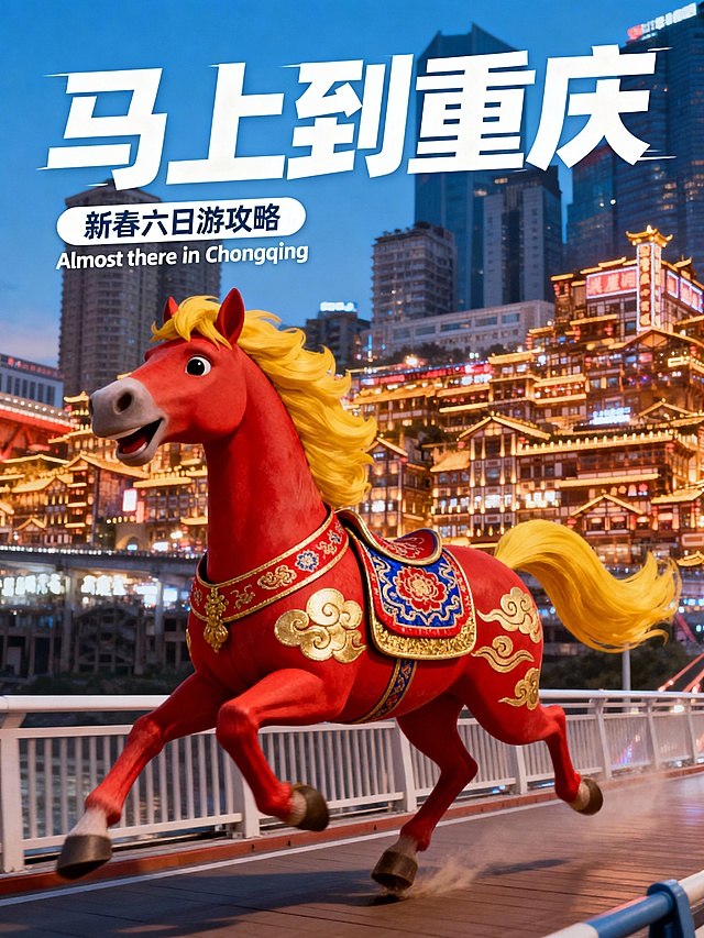 一匹3D卡通马形象，全身为红色，鬃毛和尾巴为金黄色，神情活泼。正在大桥上跑。马脖子上戴着中国风项圈。背部披着织锦马鞍，装饰有红、金、蓝交织的唐草纹。身上有金色祥云纹。背景的洪崖洞吊脚楼群灯火通明，大部分为傍晚的蓝天。“马上到重庆”白色潮流派对风格艺术字体在上方，字体有高低的节奏和动感，搭配小胶囊标题“新春六日游攻略”，和装饰英文“Almost there in Chongqing” ，高级杂志风格排版。所有建筑和主体在下方占比为30%，大面积留白。