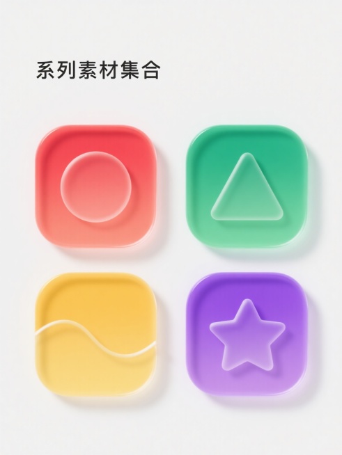 白色背景上，呈现一组四个完全不同内容的系列素材集合，每个素材均为圆角方形图标，规整排布；保持原图的3D半透明渐变玻璃质感、柔和光影、高光泽度边缘描边的设计风格，但变换画面整体色彩，分别采用红色渐变、绿色渐变、黄色渐变和紫色渐变；每个图标内部包含不同的简约抽象图形元素，如圆形、三角形、波浪线和星形，所有元素类目保持一致的图标属性，整体设计现代、简洁、具有科技感和高级UI设计感。预览效果