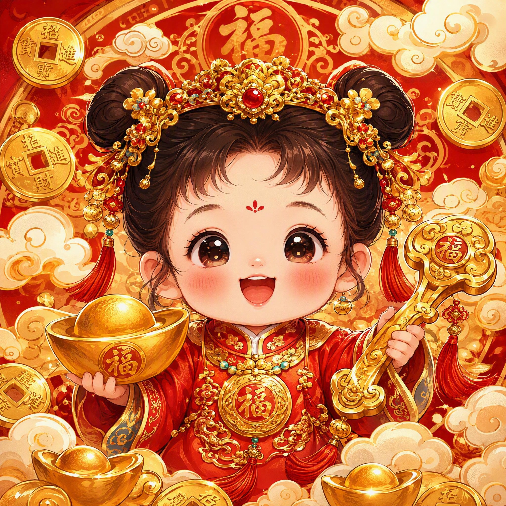 富贵娃娃头像，可爱的中国风福娃，圆脸蛋红扑扑，穿着喜庆的红色传… - 图片创意预览