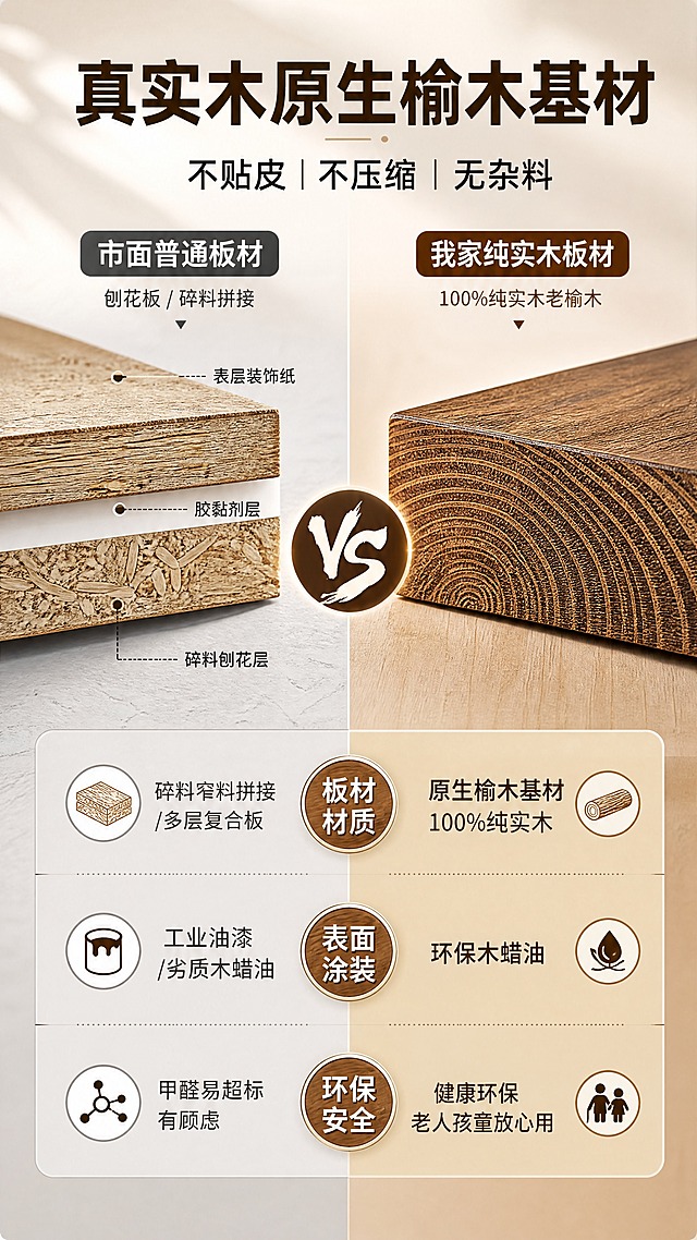 [商品] 使用【图5】普通板材与纯实木板对比图；保留左侧市面普通板材（刨花板/碎料拼接）的分层结构，保留右侧我家纯实木板材的完整榆木横截面纹理、厚度与棕褐色调，不改变两种板材的材质结构和颜色；优化截面纹理清晰度，增强对比视觉效果。
[画面] 目标：材质结构证明页，通过对比凸显纯实木基材优势。构图：顶部标题区，中部左右分栏对比布局，左侧为市面普通板材，右侧为纯实木老榆木板，中间用VS标识分隔。底部三行对比维度横向排列。背景为浅米白渐变底，左侧冷灰调、右侧暖棕调形成对比暗示。阅读动线：标题→左右对比→底部三行维度说明。
[视觉] 套系策略：风格=自然质朴复古商业摄影风；标题字=粗黑体厚重有力；正文字=简洁无衬线体；主色=暖棕榆木色；背景延展=基于暖棕与米白做深浅层级、同色渐变和细腻水泥/木纹质感；强调色=深胡桃色，仅用于小面积图标、引线和标签底；标题色=深棕褐色；正文色=中暖灰；组件=圆角浅米色信息卡、细线引线、木质纹理图标；光影=侧上方暖自然光，柔和阴影，突出木纹立体感。
[文字] 顶部主标题"真实木原生榆木基材"，副标题"不贴皮 | 不压缩 | 无杂料"；左右两侧上方分别标注"市面普通板材"和"我家纯实木板材"；底部三行对比项："板材材质"（左：碎料窄料拼接/多层复合板，右：原生榆木基材100%纯实木）、"表面涂装"（左：工业油漆/劣质木蜡油，右：环保木蜡油）、"环保安全"（左：甲醛易超标有顾虑，右：健康环保老人孩童放心用）；全部文字横排，对比清晰。
[规格] 图片比例9:16竖版，4K分辨率，负向提示：避免变形、错字、文字过小、木板颜色改变、材质失真、竖排文字、绝对化用语、虚假承诺。