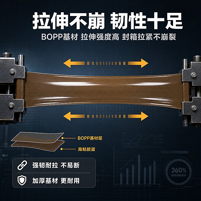 [主图-4] 静音无声封箱胶带 拉伸韧性卖点证明，展示BOPP基材拉伸强度高封箱拉紧不崩裂。
[统一基调] 1688 B端源头工厂工业风，深灰蓝色渐变背景，主标题白色粗黑体，副标题浅灰色，强调色用橙黄色，字体统一为无衬线粗黑体，卡片用深灰半透明圆角矩形，图标用简洁线性工业风。
[画面] 画面中央横向展示一段被拉伸的咖啡色封箱胶带，胶带两端被固定装置拉住，中间呈绷紧拉伸状态，胶带被拉长但未断裂，展示强韧特性。胶带外观与输入图咖啡色胶带一致，表面有光泽。胶带上下方有力学箭头示意双向拉伸。画面左侧有胶带截面示意图，标注"BOPP基材层"和"粘胶层"的分层结构，用引线和文字说明材质构成。背景为深灰蓝色工业风，有淡淡的网格线和数据图表元素，增强科技感和专业感。
[光影质感] 工业产品摄影质感，主光从正面偏上照射，拉伸的胶带表面有连续高光带，体现透明光泽和拉伸张力，胶带边缘清晰，两端固定处有受力阴影，整体光影硬朗有力量感。
[配色] 背景深灰蓝，胶带咖啡色，主标题白色，强调色橙黄，结构示意图用白色线条和橙黄标注。
[文字版式] 画面顶部居中大号粗白字主标题"拉伸不崩 韧性十足"，下方稍小浅灰字副标题"BOPP基材 拉伸强度高 封箱拉紧不崩裂"。画面左下角深灰半透明圆角卡片，内有两行白色小字："强韧耐拉 不易断"、"加厚基材 更耐用"。结构示意图旁有橙黄色标注文字"BOPP基材层"和"高粘胶层"。文字放在负空间，不遮挡拉伸胶带主体。
[输出要求] 1:1正方形比例，文字清晰，胶带拉伸效果真实自然，无变形无错字，无水印无平台Logo，画面专业工业科技风。