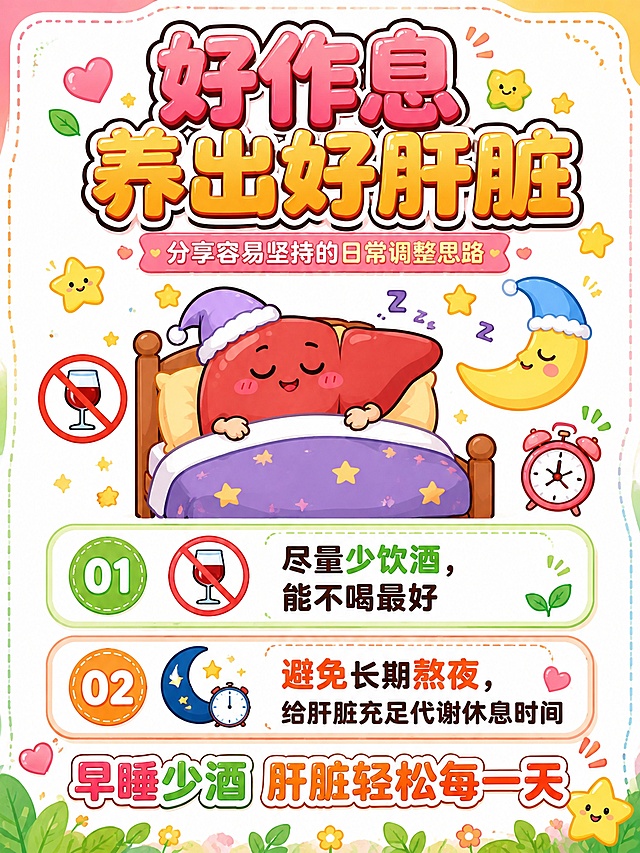参考图的卡通Q版插画风格（圆润粗黑描边、可爱拟人肝脏形象、粉橙绿暖色系、大字艺术字标题+圆角信息卡片版式、虚线边框、星星爱心小装饰），重新设计一张全新模板的科普海报，竖版3:4，中间主体区域为纯白色背景。海报主题：作息调理篇。顶部大标题文字为"好作息 养出好肝脏"，副标题小字"分享容易坚持的日常调整思路"。中间主视觉：Q版拟人红色肝脏卡通形象安睡表情，旁边有月亮、星星、睡眠小床、禁止酒杯等作息相关小图标。下方信息区用2个圆角大卡片逐条展示作息要点：第1条"尽量少饮酒，能不喝最好"；第2条"避免长期熬夜，给肝脏充足代谢休息时间"。底部加一句鼓励语"早睡少酒 肝脏轻松每一天"。整体白底为主，四周有少量柔和彩色装饰边框和虚线元素，版式精美，文字清晰可读，所有信息区域完整填充，无空白框。