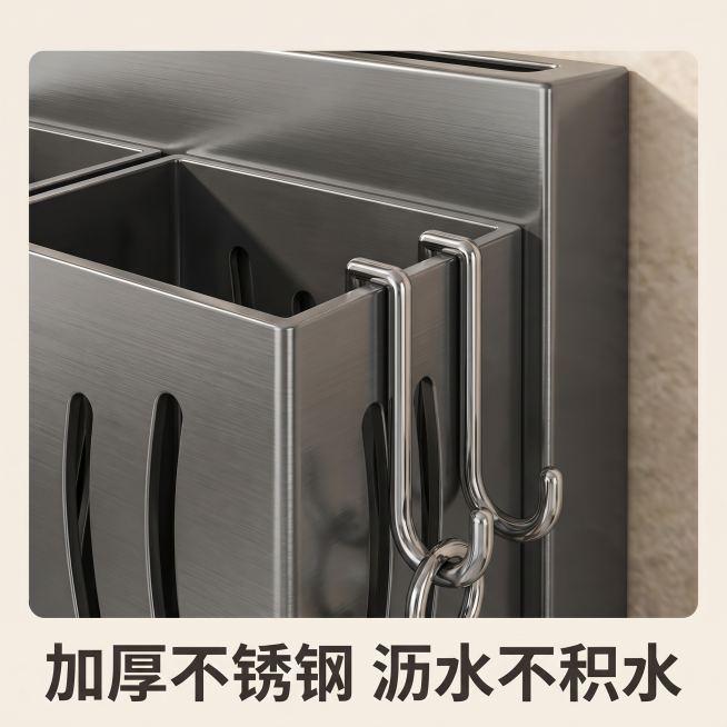 [主图3] 免打孔刀筷一体收纳架材质细节特写图，温馨舒适家居简约风格，抖音平台适配，中文文案。画面氛围为高级质感的产品细节展示，柔和侧逆光突出金属材质肌理。特写深灰色收纳架的加厚不锈钢壁面、镂空沥水孔预览效果