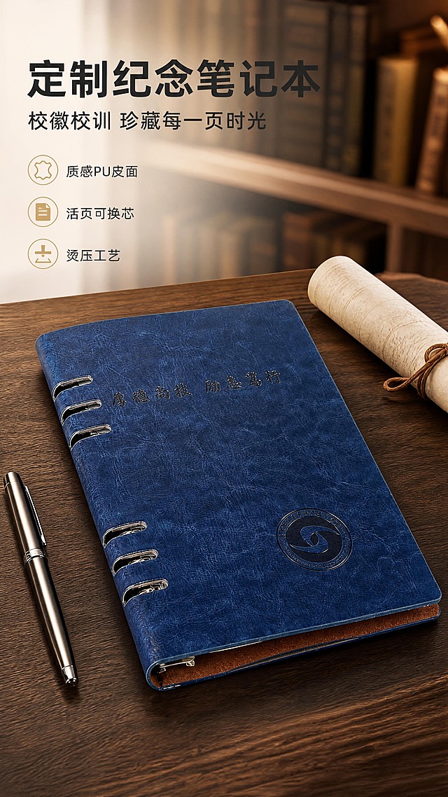 [商品] 使用【图1】蓝色皮质活页笔记本；保留深蓝色PU皮面、左侧6孔活页金属环结构、封面压印“厚德尚技 励志笃行”校训文字、右下角圆形校徽压印、棕色内衬与整体比例；增强皮面纹理与金属环质感，使压印文字和校徽更清晰立体，不改变原有文字内容与位置。
[画面] 第1张 氛围头图，目标突出产品整体质感与商务纪念气质；构图居中偏左，笔记本平放于深木色书桌上，旁边搭配一支金属钢笔与卷起的米白色纸张，前景桌面纹理、中景笔记本主体、后景暖光虚化的书房书架；产品占画面约65%，俯拍45度角，阅读动线从左上标题到右下产品细节。
[视觉] 套系策略：风格=商务沉稳高级商业摄影；标题字=现代简约粗黑体；正文字=简洁无衬线体；主色=藏青蓝；背景延展=基于藏青蓝做深浅层级、同色渐变与木质/皮质质感搭配；强调色=暖金色，仅用于小面积图标、引线和标签；标题色=深炭灰；正文色=中暖灰；组件=圆角浅底信息卡、细线引线；光影=左前侧暖柔光，右侧柔和阴影。
[文字] 左上留白放主标题“定制纪念笔记本”，副标题“校徽校训 珍藏每一页时光”，下方3个短卖点：质感PU皮面、活页可换芯、烫压工艺；文字横排，不遮挡封面校训与校徽。
[规格] 图片比例9:16竖版，4K，避免变形、错字、文字过小、冷蓝背景、皮面颜色改变、活页结构失真。