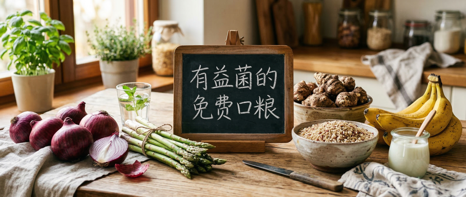 家庭厨房餐桌背景，温暖自然的日光照射，木桌上摆放着新鲜丰富的天然食材：紫色洋葱、新鲜绿芦笋、带土的菊芋、熟透的香蕉、一碗糙米和燕麦。食材旁放着一块小黑板或木质餐垫，上面用粉笔字写着"有益菌的免费口粮"预览效果