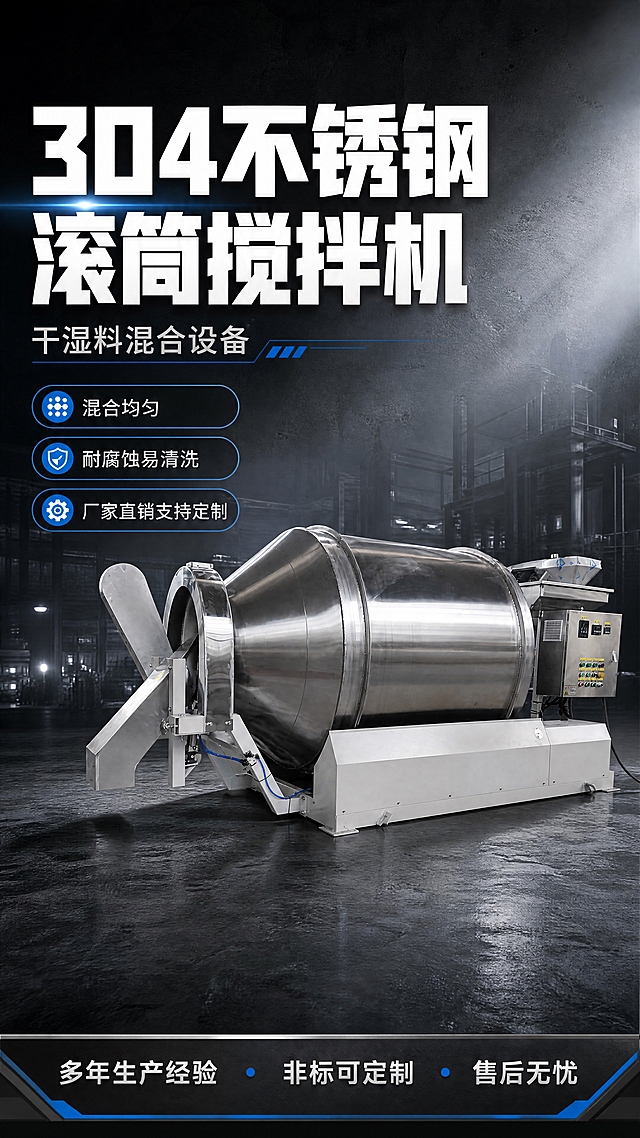[商品] 使用【图1】304不锈钢滚筒搅拌机整机全景图；保留设备整体结构、不锈钢筒体、白色底座机架、出料口、电控箱、蓝色气管等全部部件与材质质感，不改变设备比例和颜色。
[画面] 首屏海报banner，目标突出产品名称与核心卖点，大标题压迫型版式。设备位于画面中下偏右位置，占画面约55%，左上方留白放置主标题和副标题，底部通栏放标语。背景为工业风深灰渐变，点缀微弱的工厂轮廓与光线效果，营造专业工业氛围。
[视觉] 套系策略：风格=工业风理性专业商业摄影；标题字=粗黑无衬线黑体；正文字=简洁无衬线黑体；主色=不锈钢银灰+深炭灰；背景延展=基于深炭灰做深浅渐变、同色层级和细腻金属/水泥质感；强调色=工业蓝，仅用于小面积图标、引线、标签和装饰线条；标题色=纯白；正文色=浅银灰；组件=圆角深色信息卡、细线工业风引线；光影=左前侧硬朗工业光，突出不锈钢金属反光质感。
[文字] 左上主标题「304不锈钢滚筒搅拌机」，副标题「干湿料混合设备」，下方3个卖点胶囊：「混合均匀」「耐腐蚀易清洗」「厂家直销支持定制」；底部通栏标语「多年生产经验・非标可定制・售后无忧」。文字均为横排，层级清晰，不遮挡设备主体。
[规格] 图片比例9:16竖版，4K分辨率，medium质量，避免变形、错字、文字过小、冷蓝背景、设备颜色改变、结构失真、极限词。