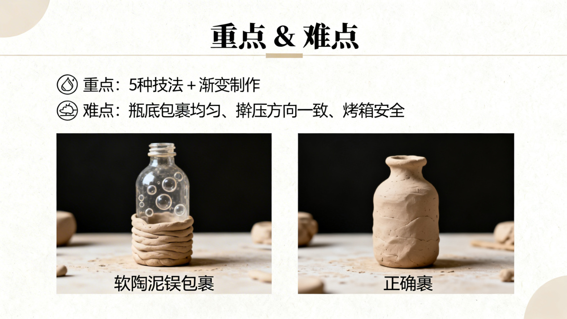 PPT教学重难点页，顶部标题"重点 & 难点"，上方用图标加关键词标注：重点：5种技法 + 渐变制作；难点：瓶底包裹均匀、擀压方向一致、烤箱安全。下方放置左右对比图，左侧是软陶泥错误包裹瓶子（带气泡）预览效果