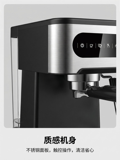 产品正面特写，突出意式半自动咖啡机的不锈钢拉丝面板与触控面板，咖啡机占画面60%，背景为浅灰纯色。底部安全区居中放置二级标题"质感机身"和辅助文案"不锈钢面板，触控操作，清洁省心"，文字不遮挡产品核心预览效果