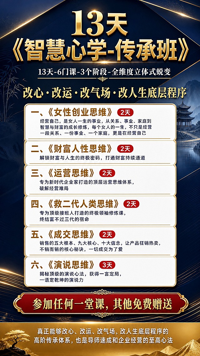 一张高端课程招生海报，竖版9:16，深蓝金高端商务风格。深藏青蓝渐变背景，几何斜切分割，金色光线点缀，东方智慧禅意氛围。画面顶部居中超大主标题："13天《智慧心学-传承班》"，金色粗体字，带金属光泽。副标题："13天-6门课-3个阶段-全维度立体式蜕变"，白色小字，金色下划线。中部核心价值区："改心·改运·改气场·改人生底层程序"，金色大字居中。下方6门课程详解采用上下排列的圆角信息卡片，白底金边，每张卡片包含课程名（金色粗体）、时长标签（红色圆角标签如"2天""3天"）和注解（深蓝小字）：
一、《女性创业思维》2天：经营自己，是女人一生的事业，从关系、事业、家庭到智慧与财富的成长修炼，每个女人的一生，不只是经营一段关系、一份事业、一个家庭，更是在经营自己
二、《财富人性思维》2天：解锁财富与人生的终极密码，打通财富持续通道
三、《运营思维》2天：专为新时代企业家打造的顶层运营思维体系，破解经营难局
四、《救二代人类思维》2天：专为顶级接班人打造的终极领袖修炼课，终结富不过三代的宿命
五、《成交思维》2天：销售的五大根本、九大核心、十大信念，让产品狂销热卖，不销而销的核心秘诀，一切成交为了爱
六、《演说思维》3天：揭秘顶级的演说心法，获得一言定局，一语定乾坤的演说力
每门课程下方用金色细线分隔。中部醒目位置放置红色金字促销横幅："参加任何一堂课，其他免费赠送"，突出显示。底部金色横条区域，白色小字："真正能够改心、改运、改气场、改人生底层程序的高阶传承体系，也是导师速成和企业经营的至高心法"。画面中所有信息区域必须填充完整合理的内容，不得出现空白框、空白占位。整体高端大气，商务精英感，版式精美，2K超清画质。