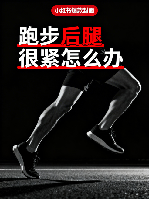 黑色背景搭配红色强调文字，高对比视觉效果，小红书爆款封面设计，冲击力强，适合认知打击类标题，添加简约跑步配图，给文字"跑步后"添加下划线，不添加小红书LOGO，主标题文字："跑步后腿很紧怎么办"预览效果