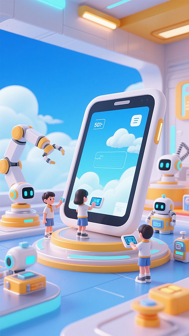 软3D风未来科技场景，卡通人物与机器人互动，虚拟现实体验，色彩明亮。