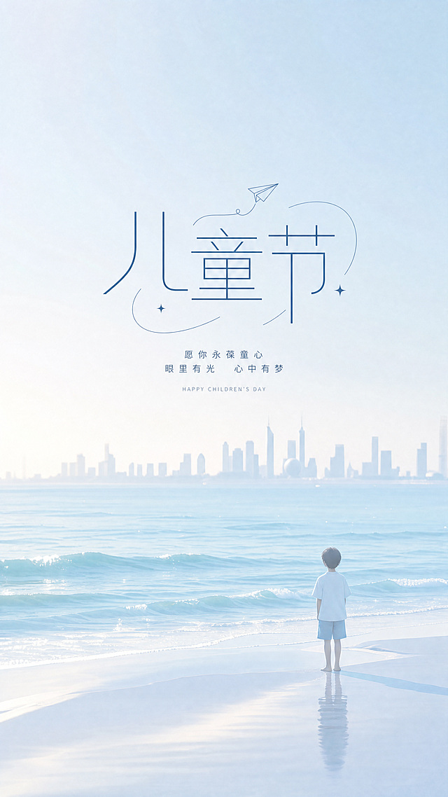 竖版六一简约风海报，极简轻奢质感。浅蓝渐变海面为背景，远处极简城市轮廓淡淡虚化。海面干净通透，零星海浪轻柔起伏。单人简约人物静立岸边，构图干净留白充足。搭配简约线条质感艺术字 “儿童节”，整体素雅大气，清爽高级