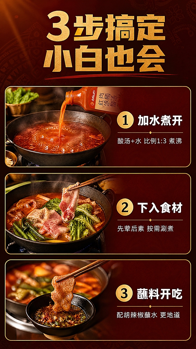 [第7张·制作方法]
[商品] 使用【图1】中的红酸汤瓶和主要食材；保留产品外观。
[画面] 页面目标：3步搞定酸汤火锅，简单方便。横向3步流程图布局，从上到下三步，每步有编号、小图和说明。背景是深暗红色，有淡淡的苗族纹样暗纹。三步分别是：第1步「煮开」——锅中加水倒入红酸汤，煮沸的画面；第2步「下菜」——放入肉类和蔬菜，涮煮的画面；第3步「开吃」——蘸上蘸料享用的画面。每步都有对应的小图和简洁的说明，清晰易懂。
[视觉] 套系策略：风格=食欲感美食摄影+民族风质感；标题字=粗黑体+金色渐变；正文字=白色细黑体；主色=酸汤红+深暗红；背景延展=深红渐变+苗族蜡染暗纹+暖光晕染；强调色=金色；标题色=金色渐变；正文色=白色；组件=圆角半透明深色卡片+细金线边框；光影=暖金色侧逆光，温润有层次。
[文字] 顶部大标题金色粗黑体「3步搞定 小白也会」，下方三步：
① 「加水煮开」——酸汤+水 比例1:3 煮沸
② 「下入食材」——先荤后素 按需涮煮
③ 「蘸料开吃」——配胡辣椒蘸水 更地道
每个步骤有金色圆形编号、白色标题和说明。文字全部横排，清晰可读。
[规格] 9:16竖版，4K，避免变形、错字、模糊、杂乱、水印、平台Logo、二维码、绝对化用语。