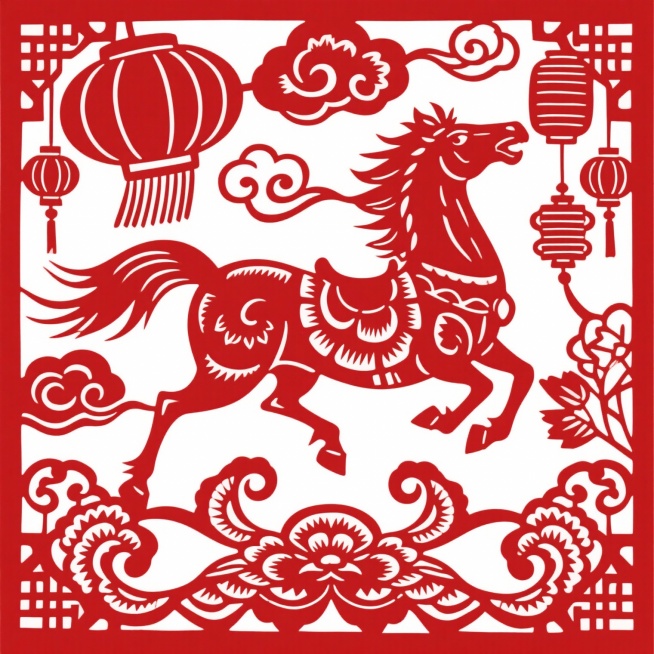 生成马年春节元素的窗花 白底 窗花仅用红色构成预览效果