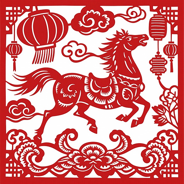 生成马年春节元素的窗花 白底 窗花仅用红色构成