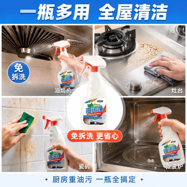 [主图-4] 油污净多场景适用宫格展示图，免拆洗便捷使用。
[氛围风格] 实用家居风，明亮整洁，场景丰富真实，生活感强。
[画质] 商业摄影质感，各场景光线统一明亮，画面干净清晰。
[元素] 画面采用预览效果