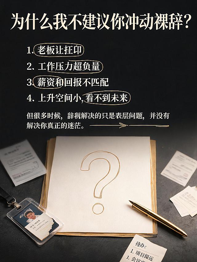 小红书3:4竖版图文海报第二页，深黑炭黑背景，延续暖金色光影高级风格，职业咨询品牌感。画面中央一张米白色纸张平铺在深色桌面上，周围散落文件、工牌、待办清单、钢笔，暖光从侧上方照射，形成柔和阴影。标题米白色大字："为什么我不建议你冲动裸辞？"。正文分条排列："老板让你压抑"、"工作压力超负荷"、"薪资和回报不匹配"、"上升空间小，看不到未来"，每条前有小序号。下方文字："但很多时候，辞职解决的只是表层问题，并没有解决你真正的迷茫。"。用细线手绘笔触给"老板""高压""薪资""未来"做轻量圈注标注，画面中有一个淡淡的手绘大问号悬浮在纸张上方，"表层问题"与"真正迷茫"之间用手绘箭头做对比连接，纸张边缘有手绘框选效果，营造正在分析问题的感觉。手绘元素米白暖金色细线风格，约占12%，像咨询师手稿。画面中必须完整呈现以下文字："为什么我不建议你冲动裸辞？"、"老板让你压抑"、"工作压力超负荷"、"薪资和回报不匹配"、"上升空间小，看不到未来"、"但很多时候，辞职解决的只是表层问题，并没有解决你真正的迷茫"。画面中所有数字必须精确渲染。画面中所有信息区域必须填充完整合理的内容。版式精美，排版简洁有呼吸感。