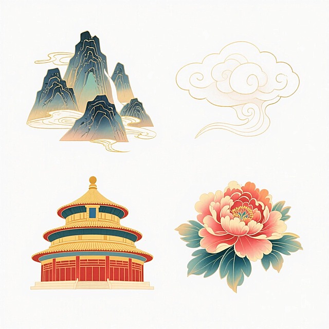 4个物品组合。第一个：山脉；第二个：祥云；第三个：天坛；第四个：牡丹。白色背景，上下两行，排列整齐