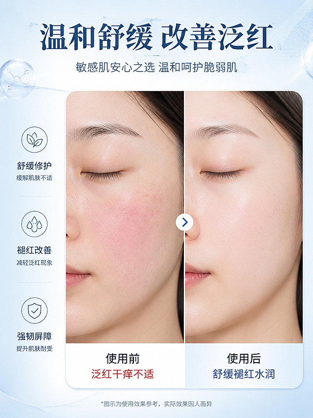 「图片1」模特效果展示，敏感肌使用前后状态对比