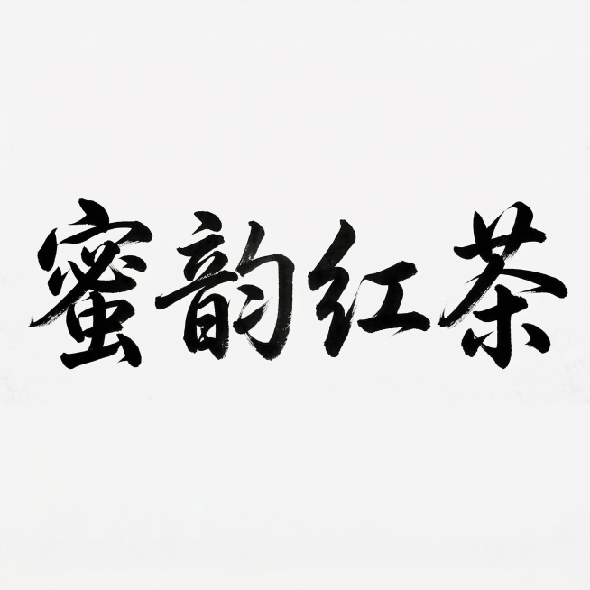 毛笔书法作品，书写“蜜韵红茶”四个汉字，风格为行书，笔画连贯、笔势舒展，墨色浓黑有飞白效果，笔画中露出纸张纹理的干枯笔触，背景为纯白透明，排版是横向居中排列，字体大小均匀且笔画粗细有自然变化，起笔收笔预览效果