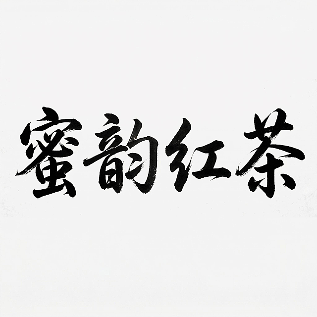 毛笔书法作品，书写“蜜韵红茶”四个汉字，风格为行书，笔画连贯、笔势舒展，墨色浓黑有飞白效果，笔画中露出纸张纹理的干枯笔触，背景为纯白透明，排版是横向居中排列，字体大小均匀且笔画粗细有自然变化，起笔收笔有毛笔顿挫感、部分笔画带轻微飞白肌理，整体气韵流畅洒脱，具有传统书法艺术质感