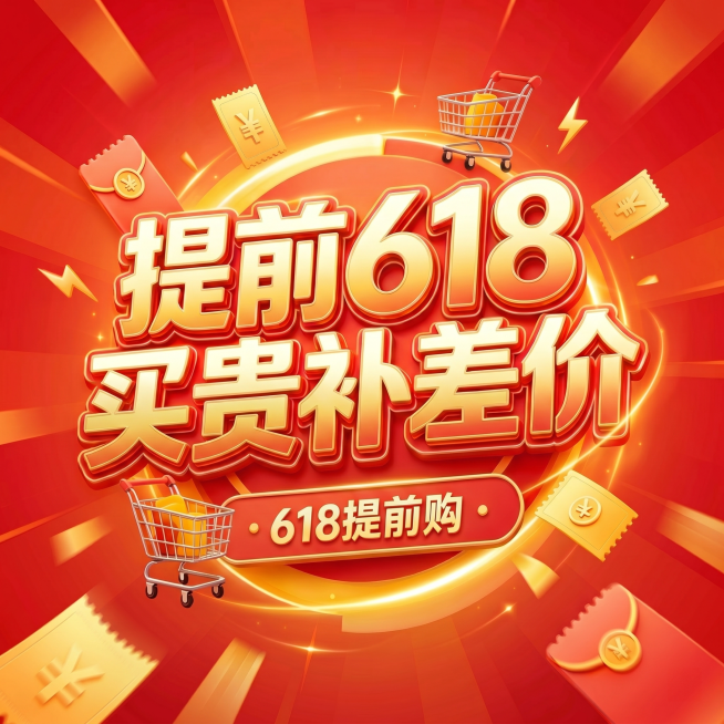 调整所有文字内容到画面中心位置，确保文字完整显示不超出画面边缘，保留原图红金促销风格和全部文字内容“提前618 买贵补差价 618提前购”，生成1:1比例的直播间封面图预览效果