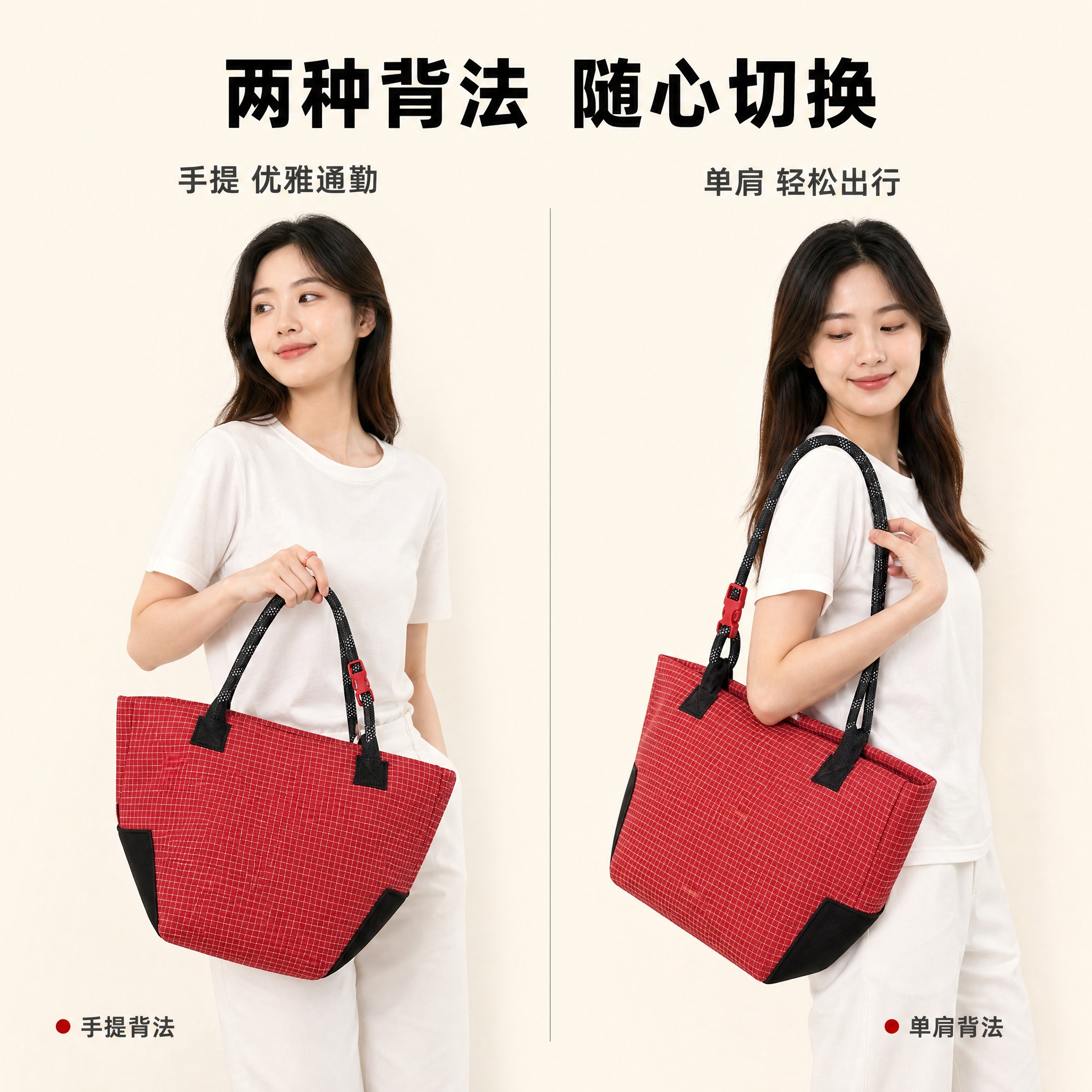 [主图-4] 红色格纹攀岩绳托特包背法卖点图，突出手提单肩两用… - 图片创意预览