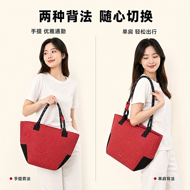 [主图-4] 红色格纹攀岩绳托特包背法卖点图，突出手提单肩两用与多背法设计。
[统一基调] 高级感 品质感 信息型电商主图风格；背景为米白色纯色背景，柔和自然光；整体配色以红色格纹包为主视觉，搭配黑色攀岩绳与红色快拆扣；标题字色为黑色粗体，辅助字色为深灰色，强调色为红色；字体为现代无衬线粗体；文字放在画面顶部负空间，不遮挡包包主体。
[画面] 画面采用左右分栏布局，左侧展示手提背法，右侧展示单肩背法，中间用细灰色竖线分隔；左侧：年轻亚洲女性模特半身出镜，右手自然手提包包，包包自然下垂，展示手提背法效果；右侧：同一位模特单肩背挎包包，展示单肩背法效果；两位模特均穿简约白色上衣，姿态自然松弛；包包在两侧均清晰展示红色格纹与黑色攀岩绳细节；背景为干净的米白色纯色背景，顶部留白用于标题。
[光影质感] 柔和自然影棚光，均匀照亮人物与包包，包身格纹纹理清晰，攀岩绳有编织质感；人物肤色自然，光影柔和无硬阴影；整体光影均匀干净。
[配色] 主色红色格纹，辅助色黑色攀岩绳、红色快拆扣、米白背景、黑色文字、白色上衣；整体色调干净明亮。
[文字版式] 画面顶部居中放置主标题，大号黑色粗体无衬线字："两种背法 随心切换"；主标题下方左右两侧分别放置小号深灰色标注文字，左侧："手提 优雅通勤"，右侧："单肩 轻松出行"；底部左右两侧各有一个红色小圆点标注，分别指向两种背法的包包；文字横排居中对齐，标题最大最粗，标注文字字号约为标题的40%。
[输出要求] 1:1正方形比例，2048x2048像素；包包清晰，模特自然，文字清晰可读；负向：变形 模糊 色差 悬浮 水印 平台Logo 手部畸形 面部扭曲 错字
