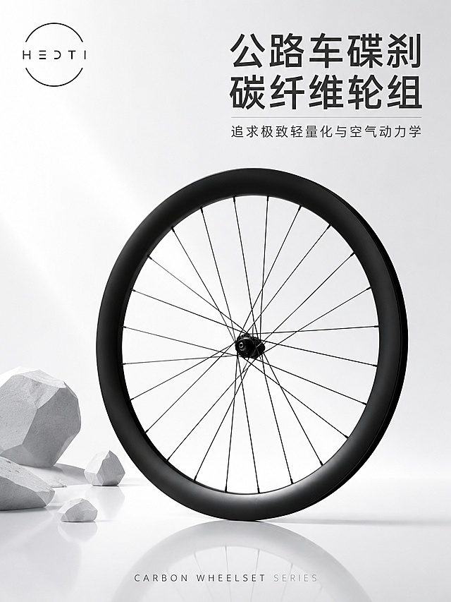 [第1屏] 详情页头图-公路车碟刹碳纤维轮组主视觉海报。本屏使用【图1】作为商品主体，保持轮组结构、比例、黑色碳纤维材质完全一致。
[氛围/风格] 高级白色极简风，纯白浅灰调，极简高端，商业摄影质感，柔和光影，突出产品的精致与轻奢感。
[元素布局] 碳纤维轮组置于画面中央偏右，占比约55%，悬浮于浅灰色渐变空间中；底部有柔和的地面倒影；背景为纯白到浅灰的渐变，干净通透；左上角放置HEDTI品牌圆形logo；轮组表面碳纤维纹理清晰，哑光黑质感与白色背景形成高级对比；画面左下角点缀几片浅灰色几何石块，增加层次。
[光影质感] 左上方柔光照明，轮组边缘形成柔和高光；底部有自然柔和的投影；整体光线均匀明亮，明暗过渡自然，突出产品立体感与材质质感。
[配色色系] 全局底色 #F8F8F8 纯白到浅灰渐变；主色哑光黑碳纤维轮组；辅助色浅灰几何装饰、银灰色金属高光；点缀色深灰文字、黑色品牌标识。
[视角构图] 正面微仰视角度，轮组为绝对视觉中心，阅读动线左上品牌→中央产品→底部标语；景深效果，背景纯净突出主体。
[文字版式] 左上品牌logo「HEDTI」圆形黑色标志；右上主标题两行大字「公路车碟刹」「碳纤维轮组」，粗黑体深灰色；主标题下副标题「追求极致轻量化与空气动力学」，细体中灰色；底部中央小字英文装饰「CARBON WHEELSET SERIES」。文字不遮挡轮组主体。
[比例分辨率] 3:4 竖版比例，4K分辨率，文字清晰可辨，高清画质。
[负向提示词] 轮组变形，结构错误，缺件错件，颜色偏差，水印，文字错乱，产品模糊，背景杂乱，彩色元素过多。