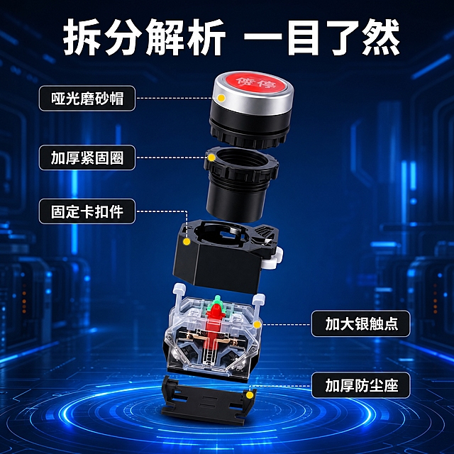 基于原图进行修改和重新排版，具体要求如下：

1. 背景更换：将原图背景替换为深蓝色工业科技风背景，带有蓝色光效、科技线条、光斑效果，整体呈现专业的工业科技氛围，类似工业控制室或工厂设备间的深蓝色科技感环境。

2. 产品精修：对拆分的按钮开关各部件进行产品精修，清理灰尘、划痕、毛边，金属银色边缘高光清晰利落，黑色塑料部件质感均匀细腻，透明部件晶莹剔透，内部银触点和红色结构清晰锐利，整体各部件光影自然，立体感强。

3. 文案保留与字体：
   - 保留原图所有文案内容不变："拆分解析 一目了然"、"哑光磨砂帽"、"加厚紧固圈"、"固定卡扣件"、"加大银触点"、"加厚防尘座"
   - 所有文字字体统一使用思源黑体 Bold（粗黑体）
   - 主标题"拆分解析 一目了然"为最大号白色粗体字，醒目突出
   - 各部件标注文字为白色粗体，配深灰色/黑色圆角矩形底框，清晰易读

4. 重新排版（整齐规范）：
   - 主标题"拆分解析 一目了然"居中放在顶部，字号最大，作为第一视觉层级
   - 产品拆分爆炸图居中放在画面中部，各部件从上到下垂直排列：哑光磨砂帽（最上）→加厚紧固圈→固定卡扣件→加大银触点模块→加厚防尘座（最下），部件之间间距均匀，对齐整齐
   - 左侧3个标注（哑光磨砂帽、加厚紧固圈、固定卡扣件）放在产品左侧，用虚线+黄色圆点连接对应部件，纵向对齐排列
   - 右侧2个标注（加大银触点、加厚防尘座）放在产品右侧，用虚线+黄色圆点连接对应部件，纵向对齐排列
   - 整体排版左右对称，信息层级清晰，不拥挤不杂乱，各标注线平行整齐

5. 光影质感：商业产品摄影质感，各部件都有独立的光影表现，主光统一从上方打来，金属反光真实自然，透明部件有通透感，产品与深蓝色科技背景自然融合，各部件有轻微的悬浮投影表现层次感。

6. 尺寸：800*800像素

7. 负向要求：禁止变形、错字、模糊、水印、多余品牌标识、产品结构错误、排版混乱、标注线歪斜、部件错位。