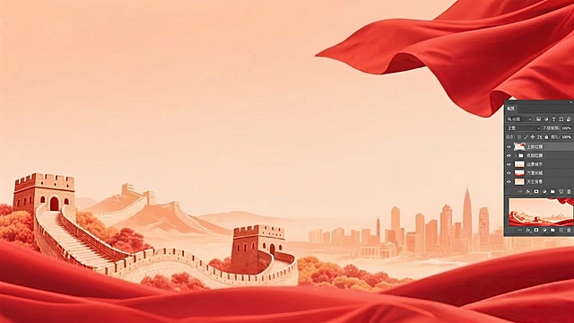 将图片中元素分层：上下红绸、万里长城、远景城市、天空背景都拆分为单独的可编辑图层，输出可分层PSD文件的分层源图，保留每个元素的原始位置和样式
