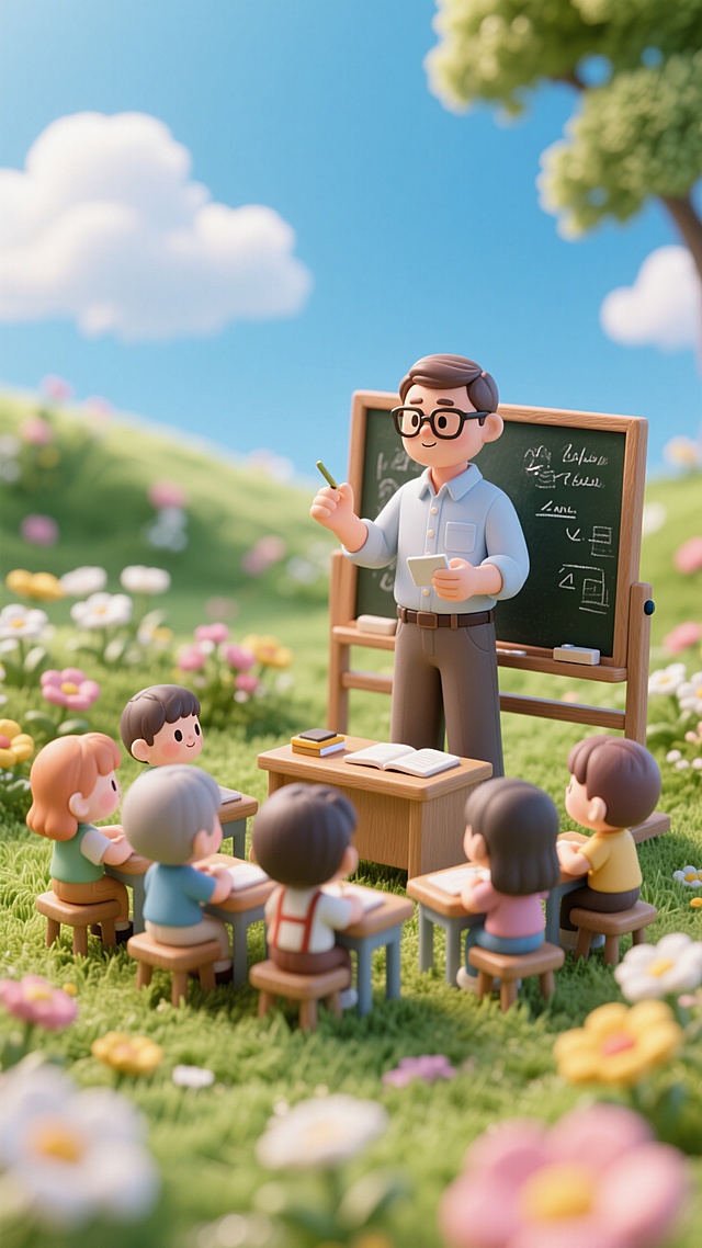 清新软3D风，卡通教师与学生在花丛中上课，营造温馨教育氛围。