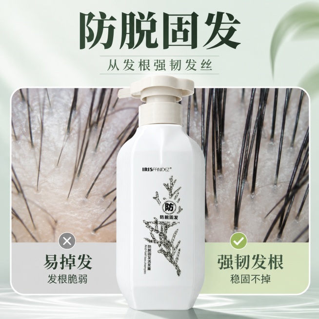 [主图-4] 丽刻舒防脱固发洗发水功效实证图。
[氛围风格] 小清新治愈风，通透干净。
[画质] 商业摄影质感，光线柔和，画面清晰高级。
[元素] 产品居中放置，保持产品外观与原图一致。左右分栏对比展预览效果