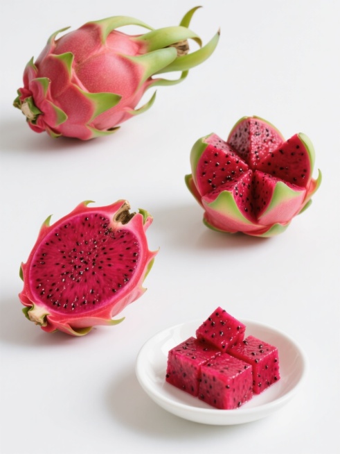 一组4个不同样式的红心火龙果元素，包含完整带绿色鳞片的火龙果、对半切开露出红色果肉与黑色籽粒的剖面、切成方块状的果肉、以及置于白色小碟中的三角果肉块，整体采用干净简约的白底摄影风格，高清晰度，色彩鲜艳饱满，红色果肉与绿色鳞片对比鲜明，籽粒清晰可见，光影自然柔和，符合现实水果形态逻辑，适合作为设计素材使用，无多余背景干扰，主体突出，细节丰富。预览效果