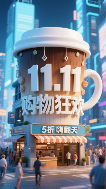 以蓝白为主色调，前景是立体字组成的咖啡杯式醒目建筑， 上面挂着“11.11购物狂欢” 立体大字（白与棕渐变，配装饰）及下方 “5 折嗨翻天” 横幅；背景是未来感热闹都市预览效果