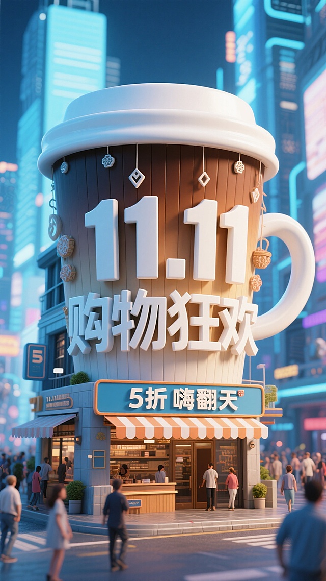 以蓝白为主色调，前景是立体字组成的咖啡杯式醒目建筑， 上面挂着“11.11购物狂欢” 立体大字（白与棕渐变，配装饰）及下方 “5 折嗨翻天” 横幅；背景是未来感热闹都市