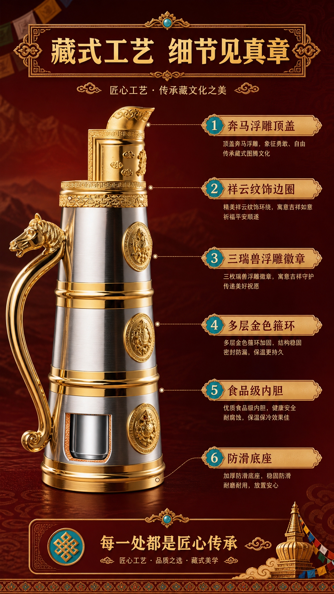[商品] 使用【图2】银金直筒藏式保温壶；保留银色壶身、金色装… - 图片创意预览