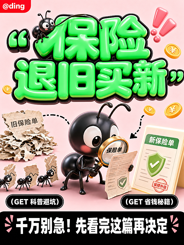 竖版小红书海报，3:4比例，3D膨胀字体风格。画面中央偏下是一只3D渲染的蚂蚁角色，圆润Q弹质感，光滑亮面塑料感类似泡泡玛特公仔，蚂蚁体型偏大占画面20%，戴着一副3D放大镜，正在用放大镜仔细检查一张保险单，蚂蚁旁边散落3-4只小蚂蚁，正在排队搬运旧保险单碎片从左往右搬家。画面正中偏上是超粗3D膨胀立体字："保险 退旧买新"，"保险"二字前面嵌入一只3D小蚂蚁图标，蚂蚁爬在"保"字左上方，触角延伸到"险"字，文字颜色为荧光绿(#00FF7F)，配纯黑4-5px粗描边，字体有明显的3D厚度和体积感，字体像充气气球一样膨胀。背景是淡粉色(#F5E6E8)，干净柔和。布局：顶部左侧红色小标签角标写着"@ding"，白色文字；中上部超大3D膨胀标题；中下部是3D蚂蚁主视觉；左下角黑底白字圆角对称标签框写着"(GET 科普避坑)"；右下角黑底白字圆角对称标签框写着"(GET 省钱秘籍)"；底部黑色CTA条上有白色粗体字"千万别急！先看完这篇再决定"。装饰：超大引号包裹标题、蚂蚁爬行轨迹虚线从旧保险单到新保险单、小号3D感叹号、钱币符号散落。氛围搞怪揭秘，视觉冲击力极强，抖音爆款感，让人忍不住点开。