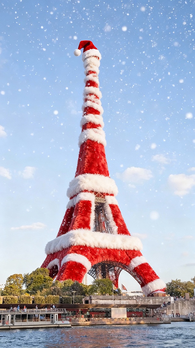 给建筑穿上毛绒绒的红白圣诞套装，塔尖戴圣诞帽，保持建筑原本形态，落雪背景。