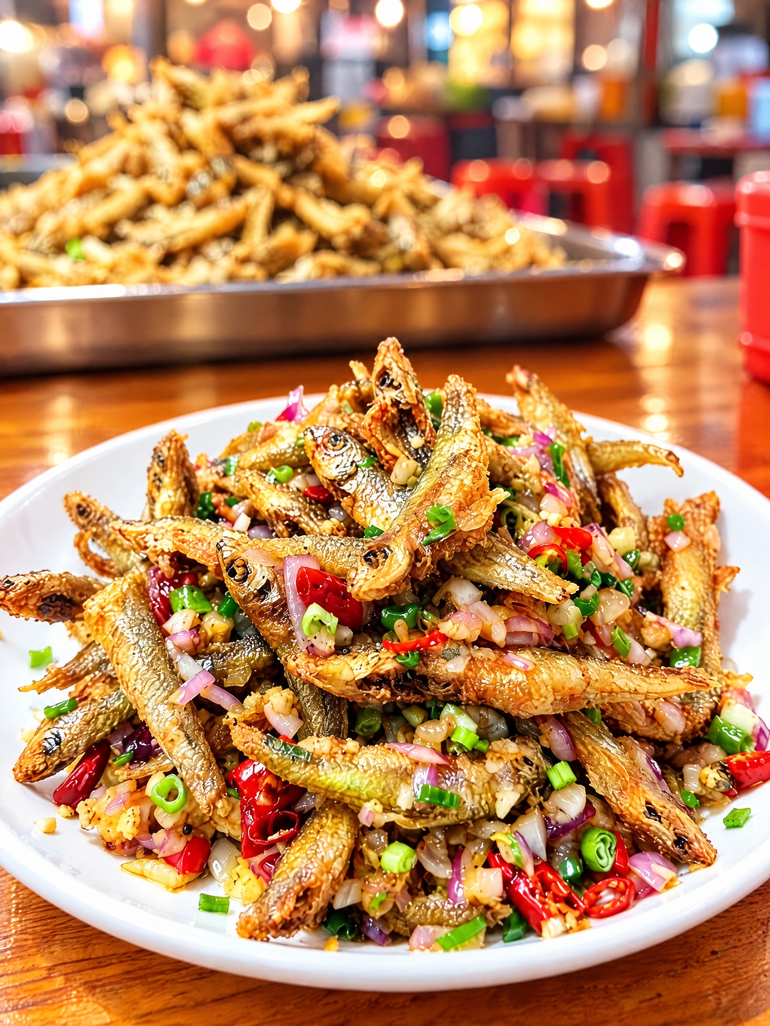 基于参考图中的干炸小河鱼菜品，生成低角度仰视拍摄的美食摄影图，… - 图片创意预览