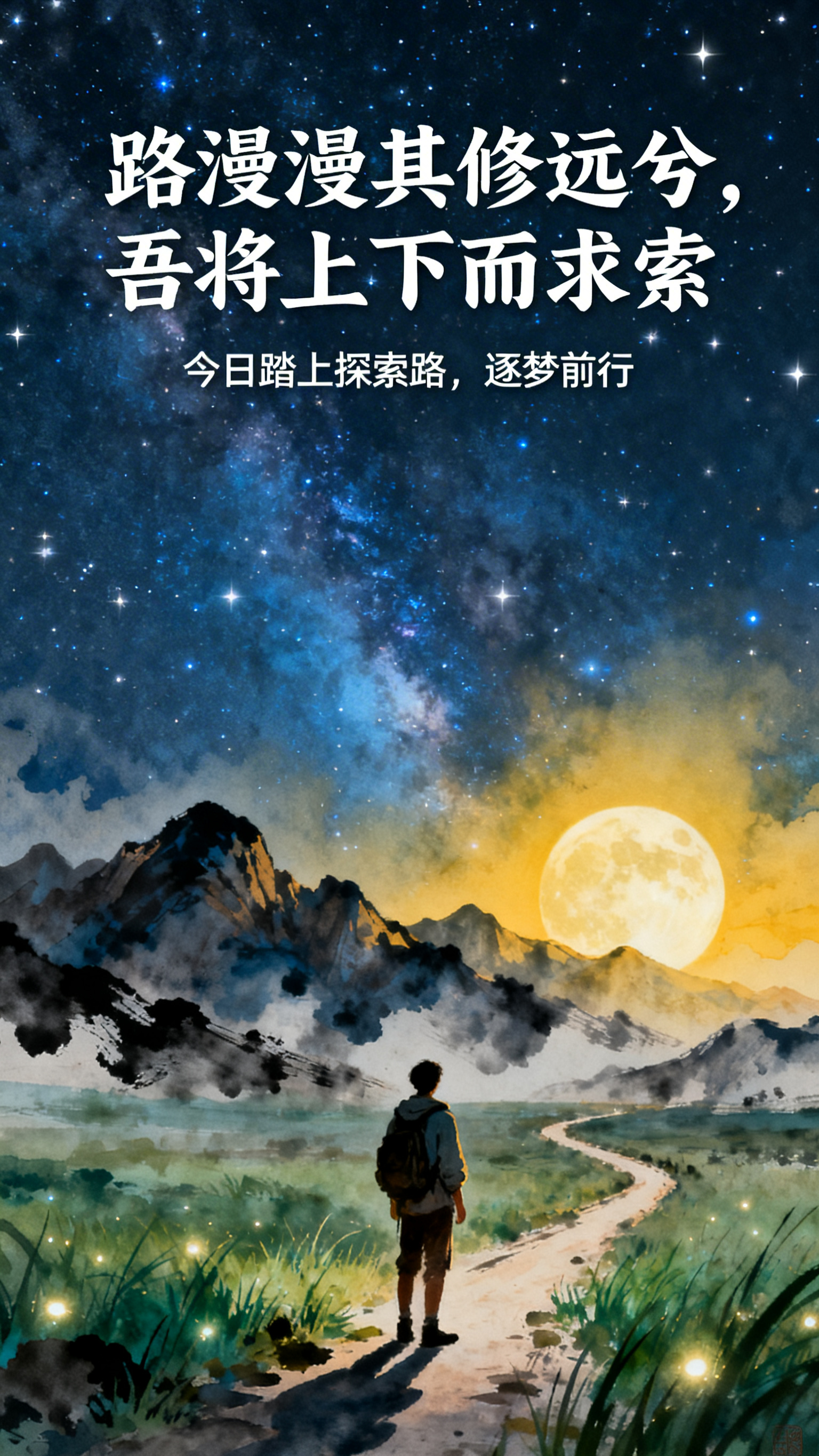 文案5：路漫漫其修远兮，吾将上下而求索。 今日踏上探索路，逐梦… - 图片创意预览