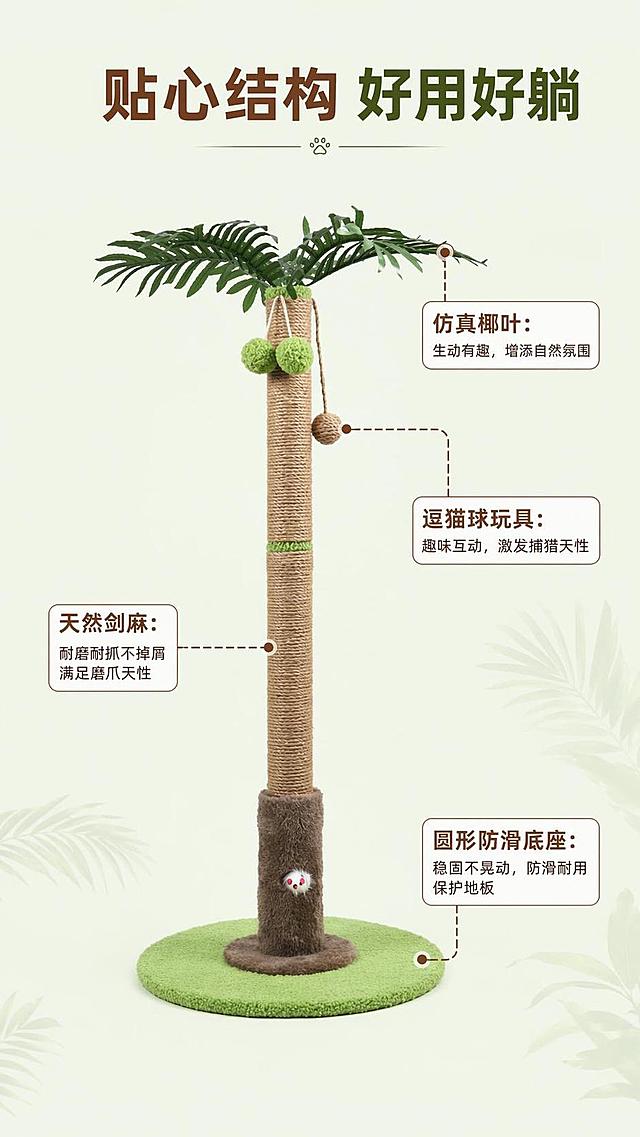 [第3屏] 结构解析页-椰树剑麻猫爬架整体结构引线标注。本屏使用【图1】作为商品主体。
[氛围/风格] 专业解析风，清晰直观，简洁商业质感。
[元素布局] 产品居中展示，占画面约70%，用细引线引出四个核心部位：剑麻抓柱、顶端仿真椰叶、逗猫球玩具、圆形防滑底座，每个引线标注部位名称和用户收益；产品结构颜色与输入产品图保持一致。
[光影质感] 中心均匀布光，边缘清晰，文字标注清晰不模糊。
[配色色系] 全局底色 #EEF4E9，主色椰棕+草绿，引线用深棕色，标注文字白底。
[视角构图] 正面全景居中构图，引线从产品部位引出到侧边标注，排版舒朗不拥挤。
[文字版式] 顶部主标题「贴心结构 好用好躺」，每个引线标注为「部位：用户收益」格式，如「天然剑麻：耐磨耐抓不掉屑」，字体清晰，不遮挡主体结构。
[比例分辨率] 9:16竖版比例，4K分辨率，文字清晰可辨，高清画质。
[负向提示词] 结构错乱，引线重叠，文字过小，产品变形，颜色偏差
