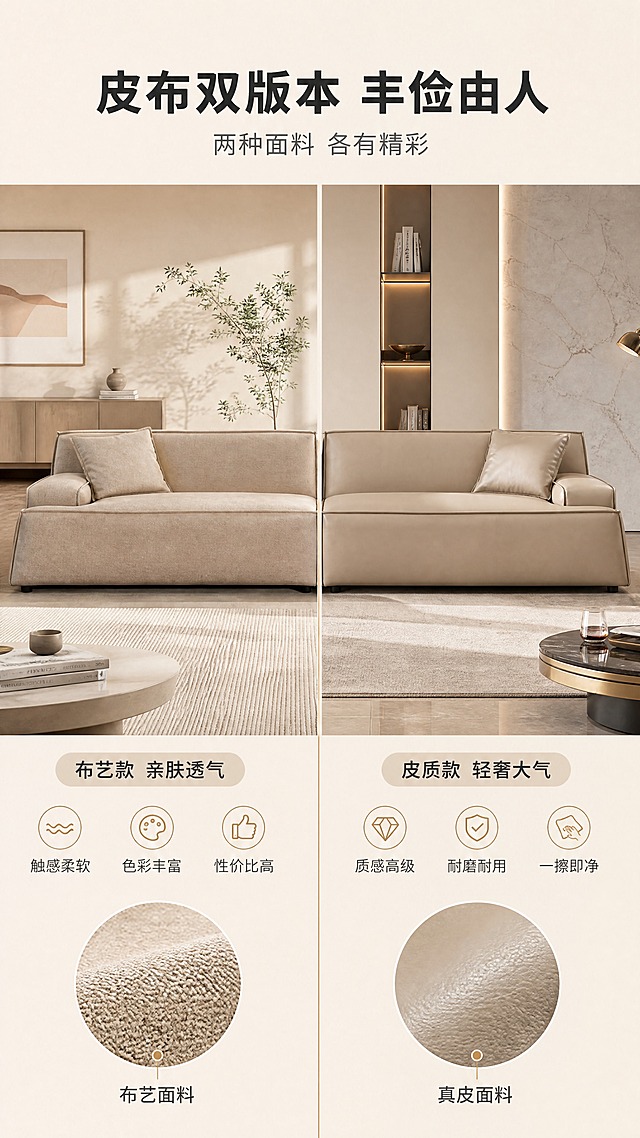 [商品] 使用【图1】沙发为基础，生成双面料版本：左侧为布艺款（保留原图浅米色布艺纹理），右侧为皮质款（同款造型改为细腻浅卡其色真皮质感）；两款沙发结构、比例、方正箱体造型完全一致，仅面料材质不同。
[画面] 目标：面料双版本对比，体现丰俭由人的选择空间。构图：左右分栏竖版布局，中间用细线分隔；左栏布艺款沙发置于温馨布艺感客厅场景，右栏皮质款沙发置于轻奢质感客厅场景；两款沙发正面展示，角度一致便于对比；每款下方配面料微距特写小圆图；产品各占对应栏约55%；阅读动线从中间向两侧。
[视觉] 套系策略：风格=意式极简轻奢商业摄影；标题字=现代无衬线粗体；正文字=简洁无衬线体；主色=奶油米杏；背景延展=基于奶油米杏做深浅层级、同色渐变和细腻织物/微水泥质感；强调色=暖棕金，仅用于小面积图标、引线、标签和局部光效；标题色=深炭灰；正文色=中暖灰；组件=圆角浅底信息卡、细线引线、胶囊标签；光影=左前侧暖柔光，柔和阴影。
[文字] 顶部主标题"皮布双版本 丰俭由人"，副标题"两种面料 各有精彩"；左栏标注"布艺款 亲肤透气"，下方3个小卖点"触感柔软""色彩丰富""性价比高"；右栏标注"皮质款 轻奢大气"，下方3个小卖点"质感高级""耐磨耐用""一擦即净"；底部圆形面料特写旁标注面料名称；全部横向排版，移动端清晰可读。
[规格] 图片比例9:16竖版，4K，避免变形、错字、文字过小、冷蓝/蓝灰背景、沙发颜色改变、版型失真、绝对化用语。