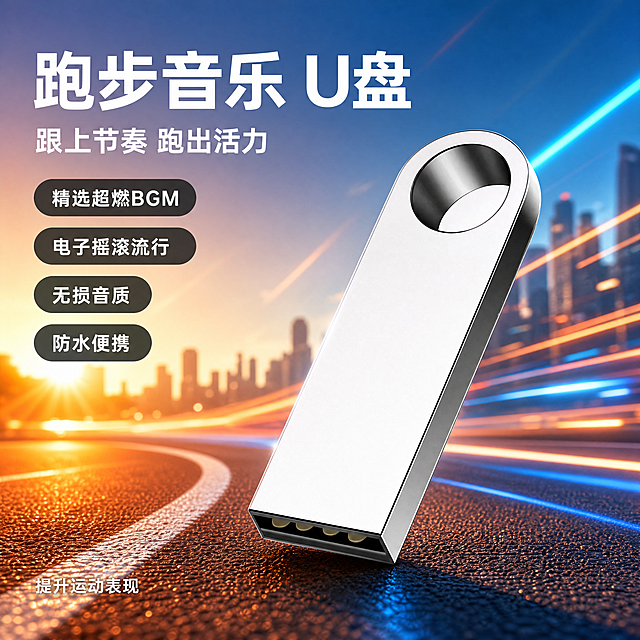 [主图-1] 跑步音乐U盘动感活力首图；
[氛围风格] 动感活力运动风，科技感与运动氛围结合；
[画质] 商业摄影质感、光线通透、产品清晰真实、画面干净高级。
[元素] 金属质感跑步U盘倾斜放置在画面中心，保持U盘外观（物理结构、材质质感、颜色）与输入产品图绝对一致，杜绝任何变形和色差，精细化处理。背景为清晨城市跑道，搭配动感速度线条和彩色光效，充满运动活力感。商品主体占比严格控制在60%左右，画面满屏无边框。
[光影] 清晨自然光为主光，柔和通透，侧光突出U盘金属质感，边缘高光反射，动感光线点缀背景，光影层次分明。
[配色] 主色调为活力橙蓝渐变搭配金属银，明亮动感，对比强烈。
[视角构图] 平视45度斜侧视角，景深适中，产品清晰突出。
[文字版式] 左上负空间左对齐留安全边距，大字主文案"跑步音乐 U盘"，白色粗体无衬线最大号字体；副标题"跟上节奏 跑出活力"，约半高，白色字体；下方四个卖点胶囊标签："精选超燃BGM"、"电子摇滚流行"、"无损音质"、"防水便携"，深色背景白色文字，圆角排列。底部标注"提升运动表现"，小号白色字体。所有文字清晰不遮挡产品主体。
[比例分辨率] 1:1 比例，4k分辨率；文字清晰可辨，超高清。
[负向提示词] 变形，水印，文字错乱，产品图模糊，背景杂乱