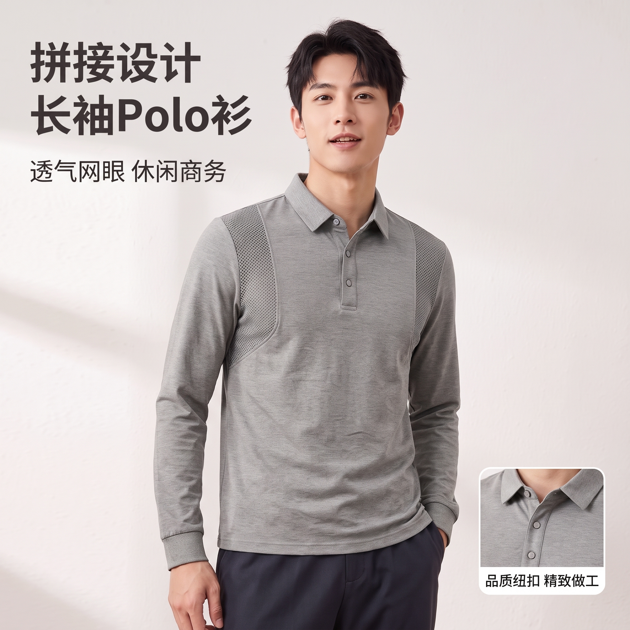 请将参考图 1 的【灰色长袖拼接网眼polo衫】1:1 还原其… - 图片创意预览