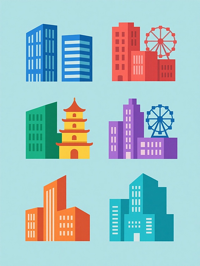 一套由六个完全不同形状的城市建筑群组成的系列素材集合，每个建筑元素均采用简约扁平风格设计，具有清晰的线条轮廓、几何化的建筑形态和精致的窗户纹理细节，包含现代高楼、传统塔楼、摩天轮等原图像核心元素，整体色彩从原蓝色调变换为多种不同的纯色（如红色、绿色、黄色、紫色、橙色、青色），每个形状的建筑群置于统一的纯色背景上，所有元素规整地排布在画面中，保持一致的视觉风格和设计语言。